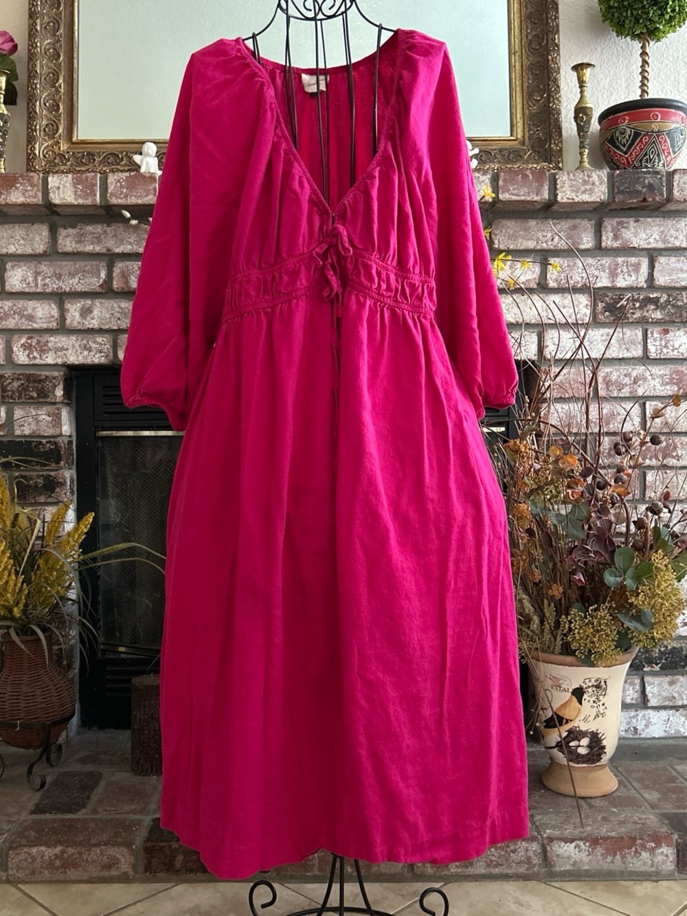 Women's Universal Thread V-Neck Tie Front 3/4 Puff Sleeve Midi Dress Sz L